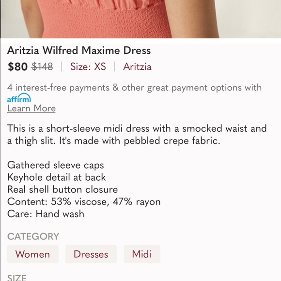 Wilfred Women's Aritzia Maxime Dress Medium Orange Short Sleeves Smocked Waist - Picture 15 of 15